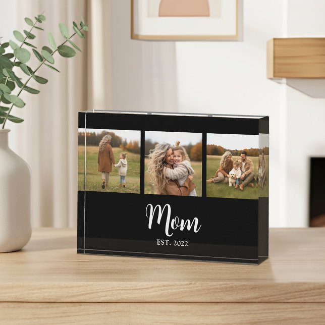 Bloque Para Fotos Mom Established Modern Script Black 3 (Mom Est. with 3 personalizable photos and text )