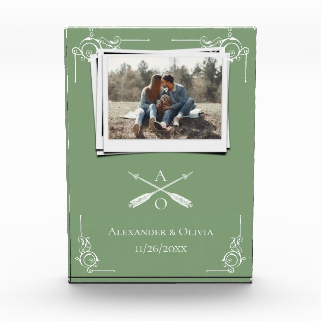Bloque Para Fotos Monograma verde mosca y flechas recién casados (Anverso)