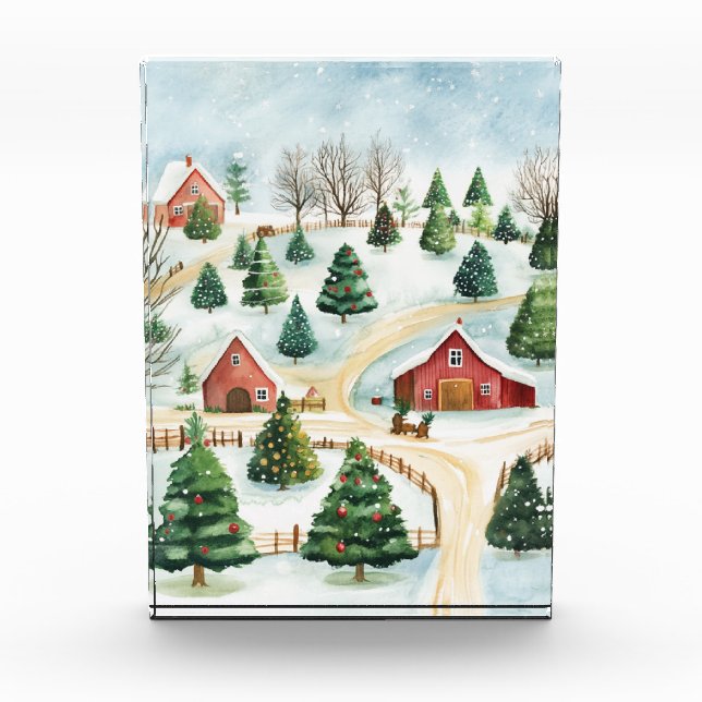 Bloque Para Fotos Paisaje rústico de invierno acuarela con árboles f (Anverso)