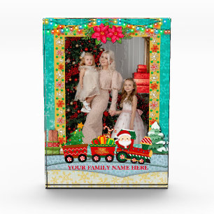 Bloque Para Fotos Papá Noel en tren con regalos y árbol de Navidad