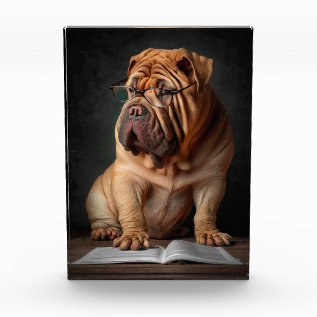 Bloque Para Fotos Perro inteligente Shar Pei con diseño de libros (Anverso)