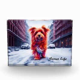 Bloque Para Fotos Perro rojo caminando por la nieve calle de inviern