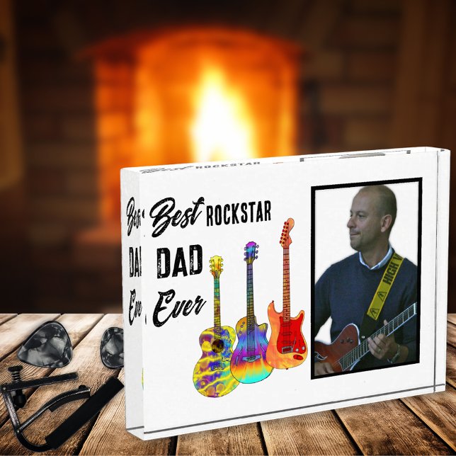 Bloque Para Fotos Personalizado de papá, guitarra del día del padre (Best rockstar dad ever photo template and funky psychedelic guitars music themed Block )