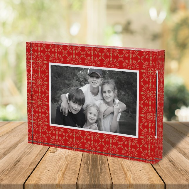Bloque Para Fotos Personalizado de patrón de vacaciones rojas (Red snowflake pattern photo block)