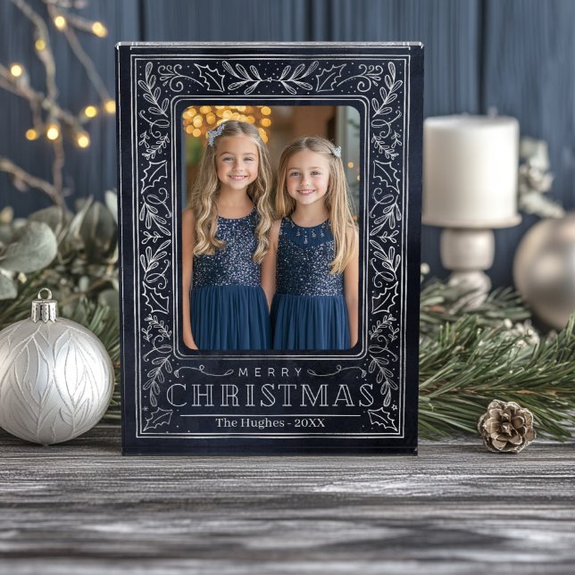 Bloque Para Fotos Postales de vacaciones de la marina y la plata (Navy and Silver Holly Christmas Photo Block)