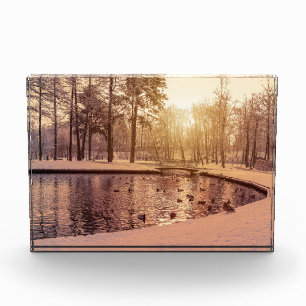 Bloque Para Fotos Puesta de sol sobre el parque con un pequeño lago