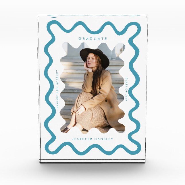 Bloque Para Fotos Quirky Blue Wavy Line Graduate Keepsake (Anverso)