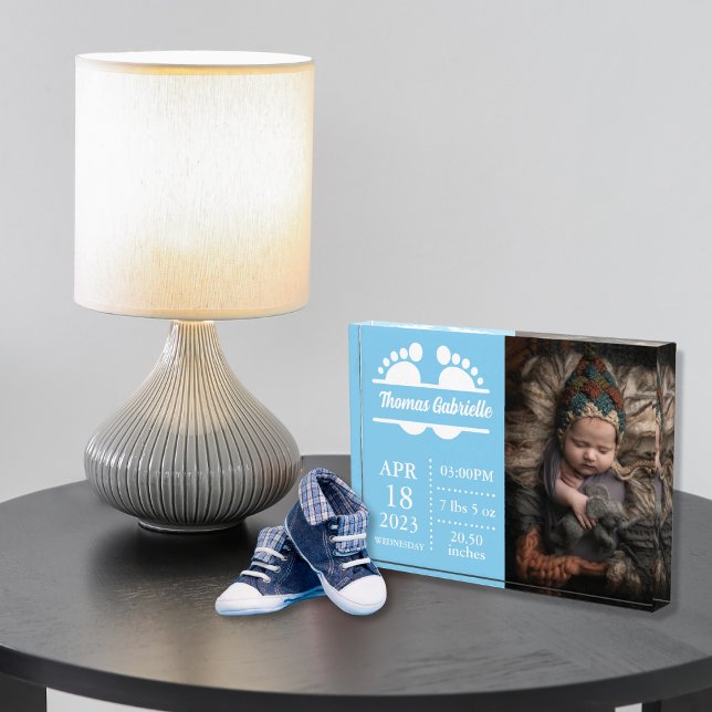 Bloque Para Fotos Recién nacido Niño Nacimiento Azul Estadísticas Ke (New Baby Boy Birth Stats Blue Keepsake Birth Announcement Photo Block)
