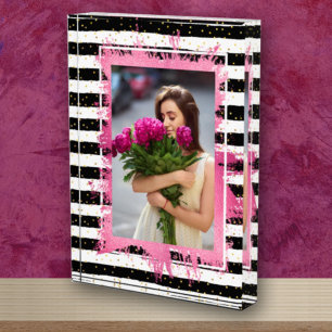 Bloque Para Fotos Relieve metalizado Rosa Faux en franjas blancas ne