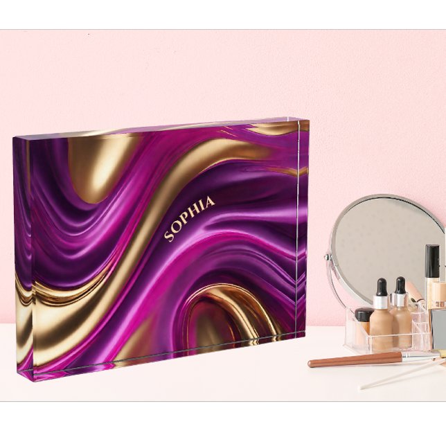 Bloque Para Fotos Resumen moderno - Rosa morado y oro- (Personalized Modern Abstract Flow Art-Purple Fuchsia and Gold- Vanity or Desk)