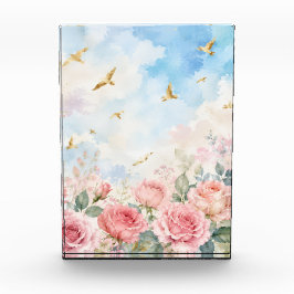 Bloque Para Fotos Rosas rosadas sonrojadas y pájaros dorados Floral 