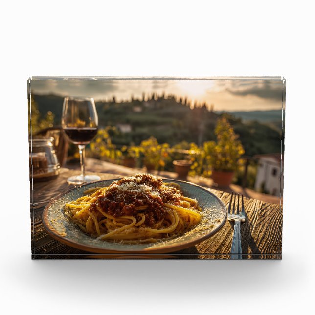 Bloque Para Fotos Spaghetti Bolognese en la mesa de viñas (Anverso)