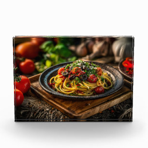 Bloque Para Fotos Spaghetti Puttanesca con tomates frescos y oliva