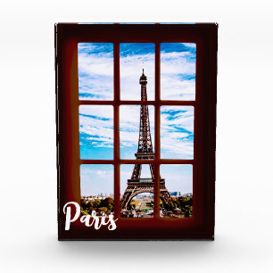 Bloque Para Fotos Ventana de madera con vistas a la torre Eiffel, Pa
