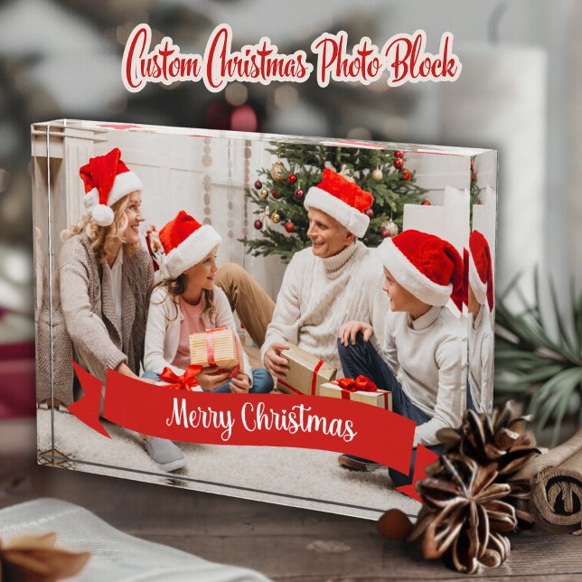 Bloqueo de fotos de familia personalizado con Feli (Custom Family Photo Block with Merry Christmas Banner in Festive Red and White)