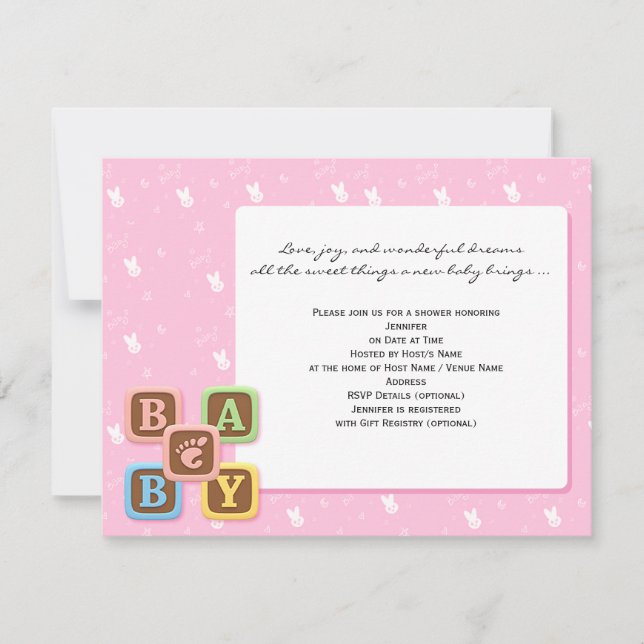 Bloques de bebé en invitación rosa de Baby Shower (Anverso)
