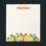 Blossom naranja Bloc de notas personalizado<br><div class="desc">Un alegre ilustracion de naranjas y flores. El diseño puede ser personalizado con su propio mensaje o nombre. El ilustracion incluye imágenes a mano de naranjas,  rodajas,  flores y hojas en colores vivos que incluyen naranja,  amarillo,  verde y crema.</div>