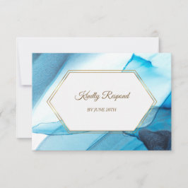 Blue Abstrace Watercolor Gold Frame Menu RSVP