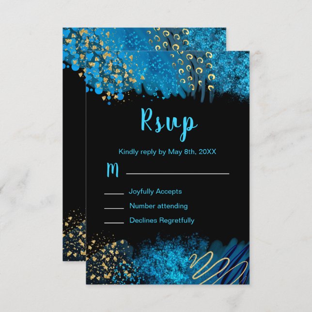 Blue Alcohol Ink Sweet 16 Birthday Party RSVP (Anverso / Reverso)