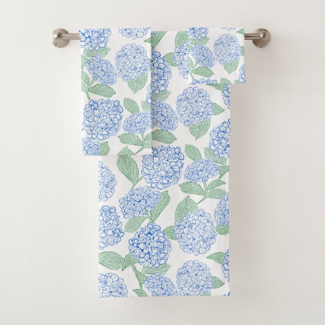 Blue and Green Hydrangea Floral Bath Towel Set (In situ)