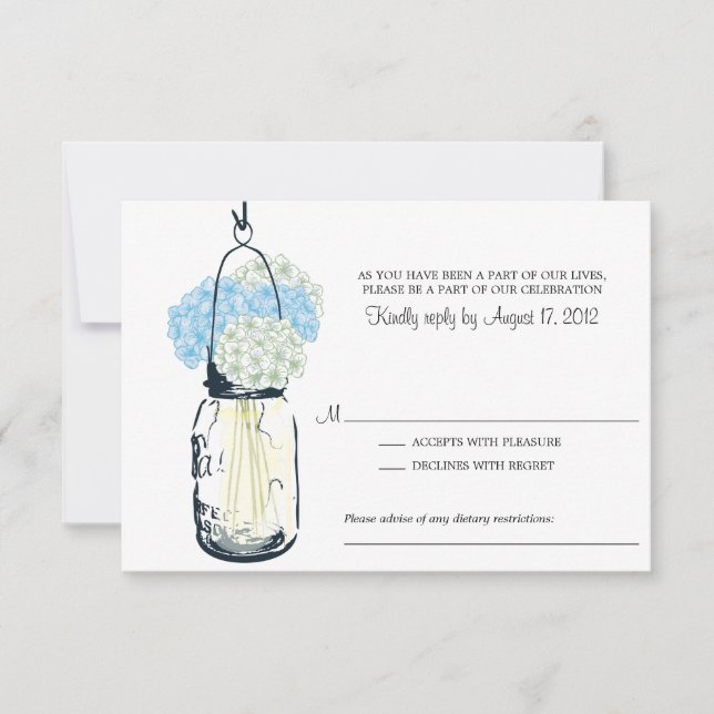 Blue and Ivory Hydrangea & Mason Jar Wedding RSVP (Anverso)