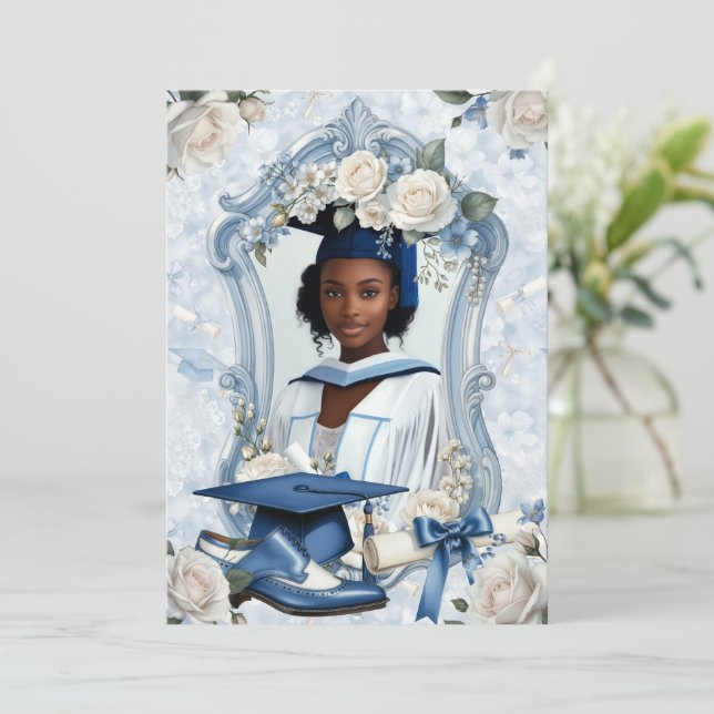 Blue and White Floral Photo Graduation Announcemen (Anverso de pie)