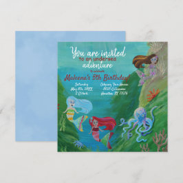 Blue, Aqua Mermaids, Octopus Invitación de cumplea