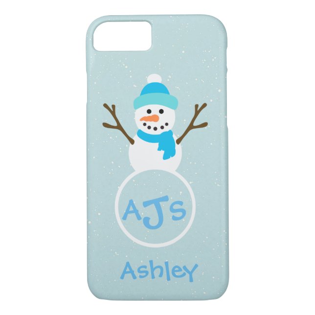 Blue Aqua White Monogram Snowman Funda (Reverso)