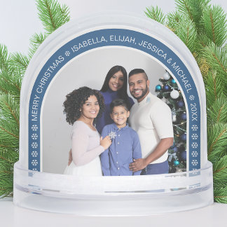 Blue Arch Christmas Family Photo with Snowflakes