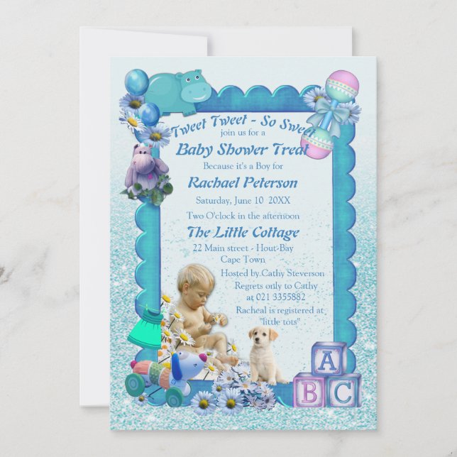 Blue Baby Boy Shower Tweets Invitación (Anverso)