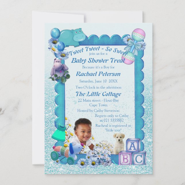 Blue Baby Boy Shower Tweets Invitación (Anverso)