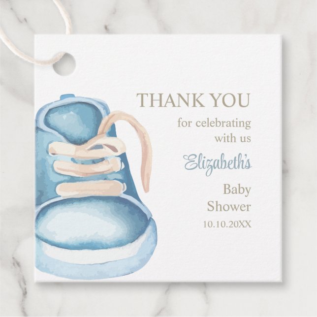 Blue Baby Shoes Baby Shower Gracias Etiqueta De Fa (Anverso)