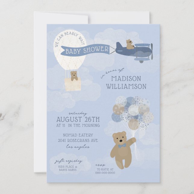 Blue Bearly Wait Teddy Bear Invitación Baby Shower (Anverso)
