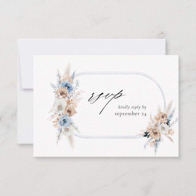 Blue & Beige Boho Floral w Meal Tarjeta RSVP 2 (Anverso)
