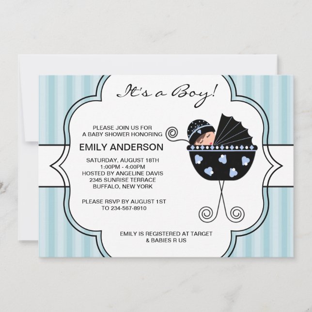 Blue Black Stripes Baby Boy Invitaciones a la duch (Anverso)