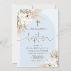Blue Boho Floral Arch Boys Baptism Invitación