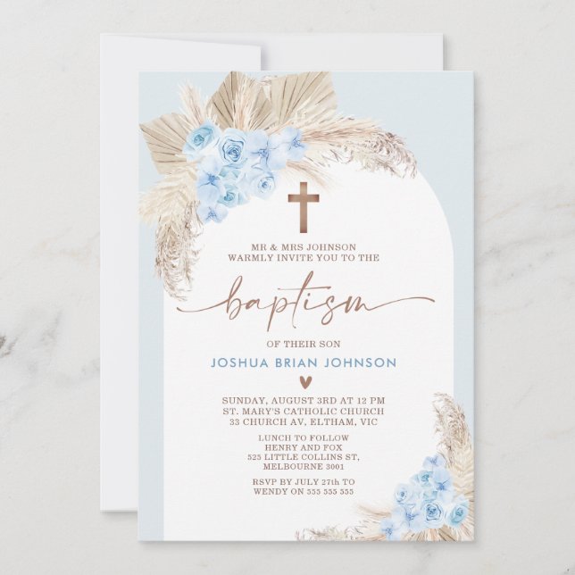 Blue Boho Floral Arch Boys Baptism Invitación (Anverso)