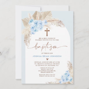 Blue Boho Floral Arch Boys Baptism Invitación