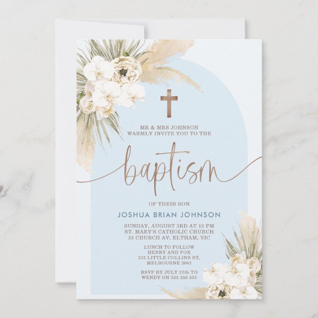 Blue Boho Floral Arch Boys Baptism Invitación (Anverso)