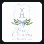 Blue Bow Merry Christmas Escudo Etiqueta Pegatina<br><div class="desc">Hermosa etiqueta de regalo de pegatinas navideñas con un suave diseño escudo de Navidades azules,  última personalización inicial y opcional de apellido</div>