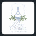 Blue Bow Merry Christmas Escudo Etiqueta Pegatina<br><div class="desc">Hermosa etiqueta de regalo de pegatinas navideñas con un suave diseño escudo de Navidades azules,  última personalización inicial y opcional de apellido</div>