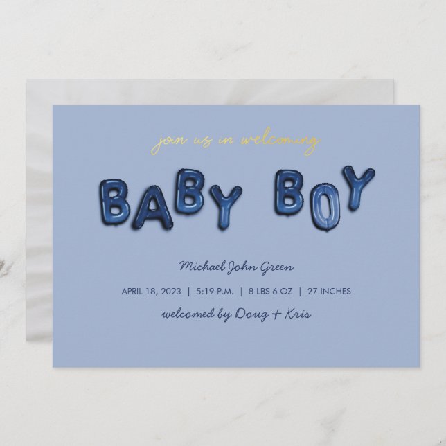 Blue Boy Mylar Balloon Baby Invitación (Anverso / Reverso)