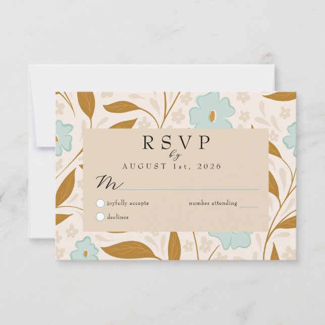 Blue Brown Boho Floral Wedding RSVP Response Card (Anverso)