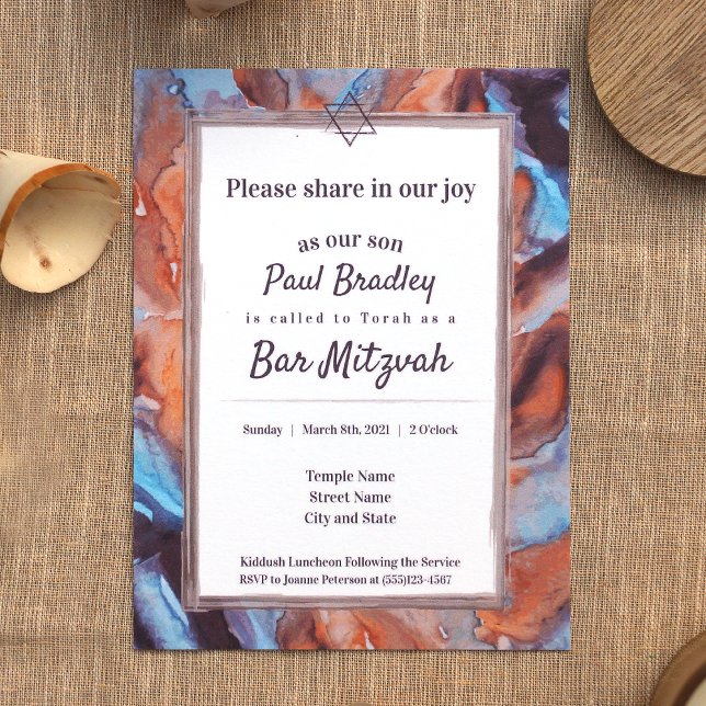 Blue, Brown Eggplant Bar Invitación Mitzvah (unique marble pattern beige, caramel brown, light blue eggplant purple bar mitzvah invitations)