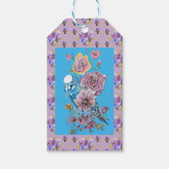 Blue Budgie Watercolor Floral Ladies Etiqueta de r (Anverso)