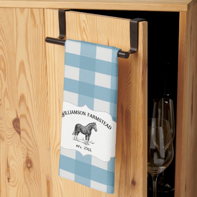 Blue Buffalo Plaid Farm Horse Kitchen Toalla (Pliegue de tercios)