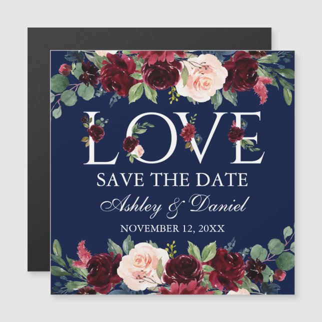 Blue Burgundy Floral Love Magnetic Save the Date (Anverso/Reverso)