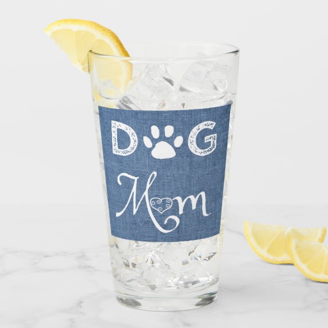 Blue Burlap Dog Mom Glass Cup (Anverso (hielo))
