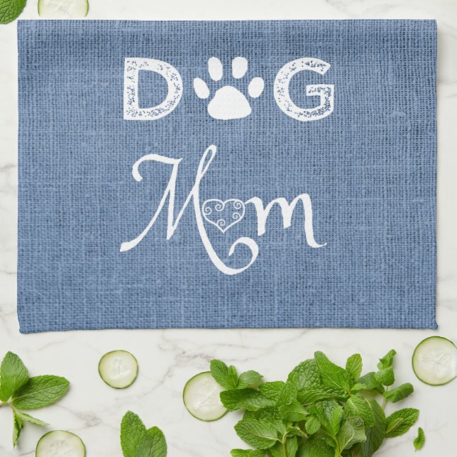 Blue Burlap Dog Mom Kitchen Toalla (Doblado)