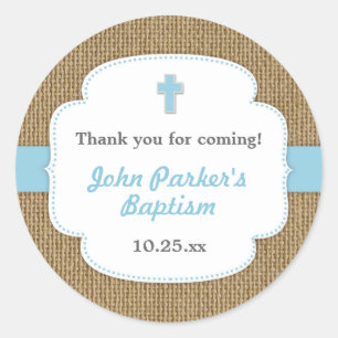 Blue Burlap travesía baptismo favor pegatina